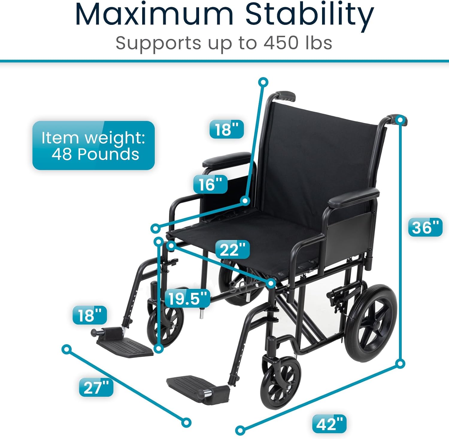 71KMuIPNr3L._AC_SL1500_ Vive Mobility Bariatric Transport Wheelchair for Adults - Supports 450lbs - Foldable - Image 1